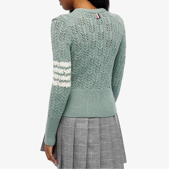Thom Browne Merino Wool Sweater Irish Pointelle Cable Knit Green Size 8 - Picture 2 of 16